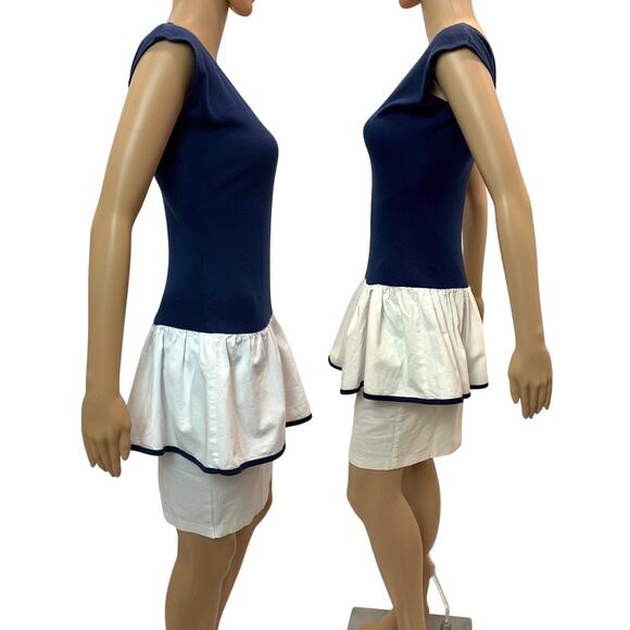 80s T Shirt Pencil Skirt Peplum Dress | Blue and White | Fits XXS/XS - Picture 3 of 9